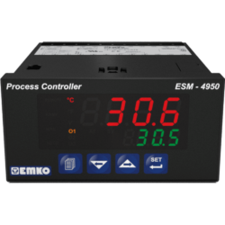 EMKO ESM-4950 PID process controller with universal input, 1 relay output, 2 slots for I/O expansion cards and communication interface.