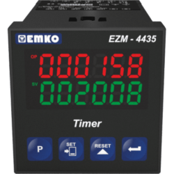 EMKO EZM-4435 timer for hours, minutes, seconds with manual or automatic reset and one relay output.