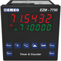 EMKO EZM-7750 Compteur multifonctionnel à présélection, minuterie et tachymètre avec 2 entrées de comptage et 2 emplacements pour modules de sortie.